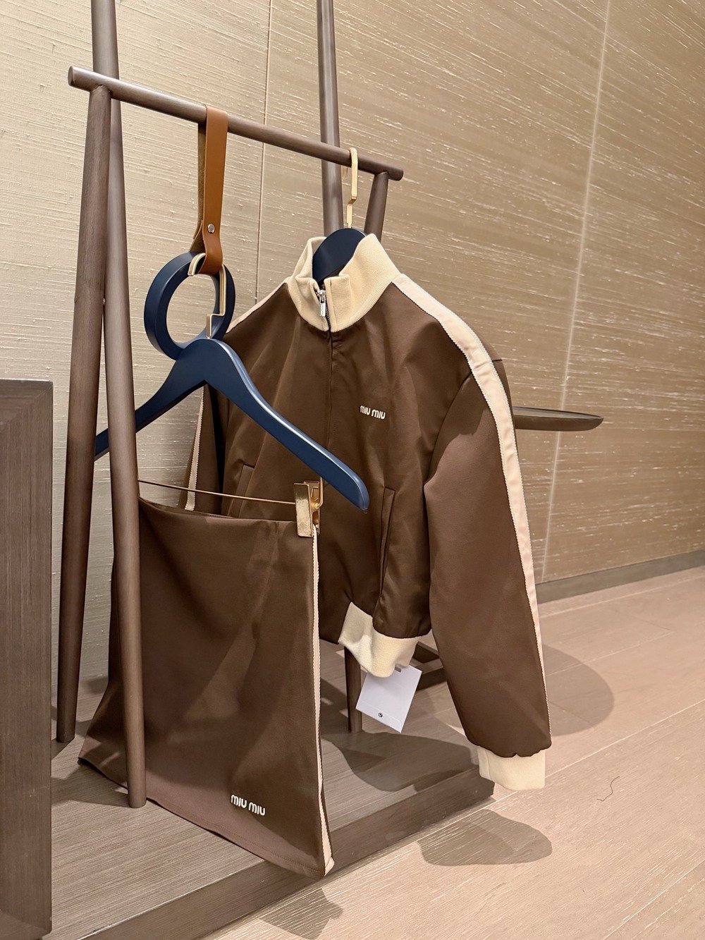Miu Miu khaki-colored jacket coat with short skirt set